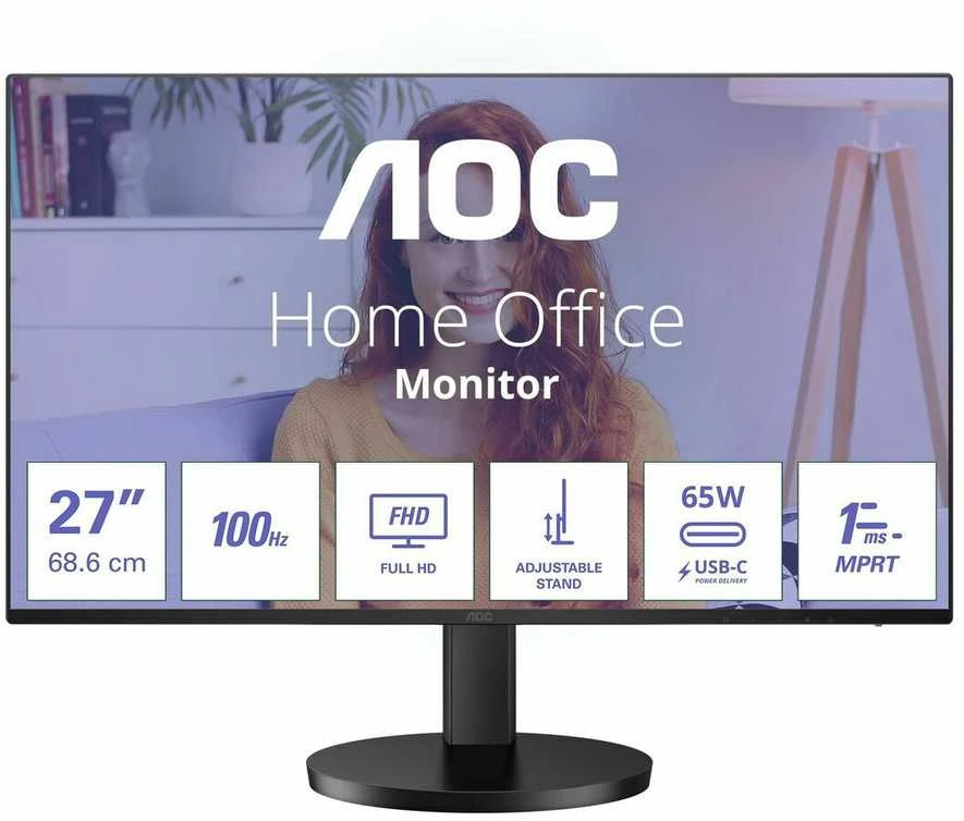 Monitorius AOC 27B3CF2 27 colių 1920x1080 100Hz IPS Flat H/A 110mm 65W USB-C Dock AdaptiveSync USB HUB GARSIAKARIAI Žemas Mėlyna Light USBC HDMI 250cd/m2