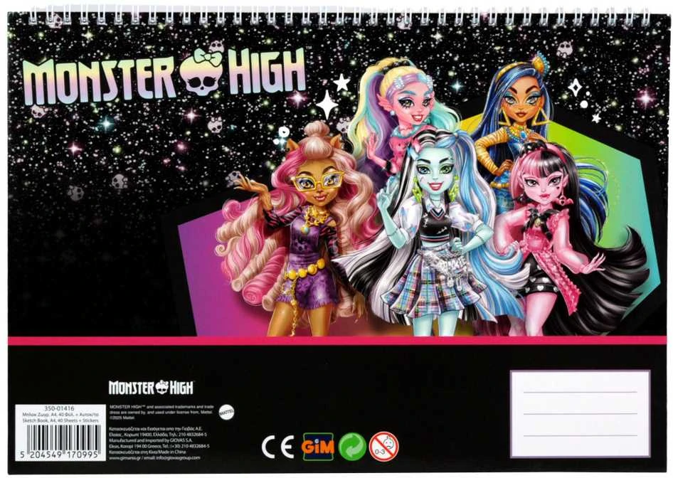 „Monster High Crew“ A/4 spiralinė eskizų knygelė su 40 puslapių ir lipdukais