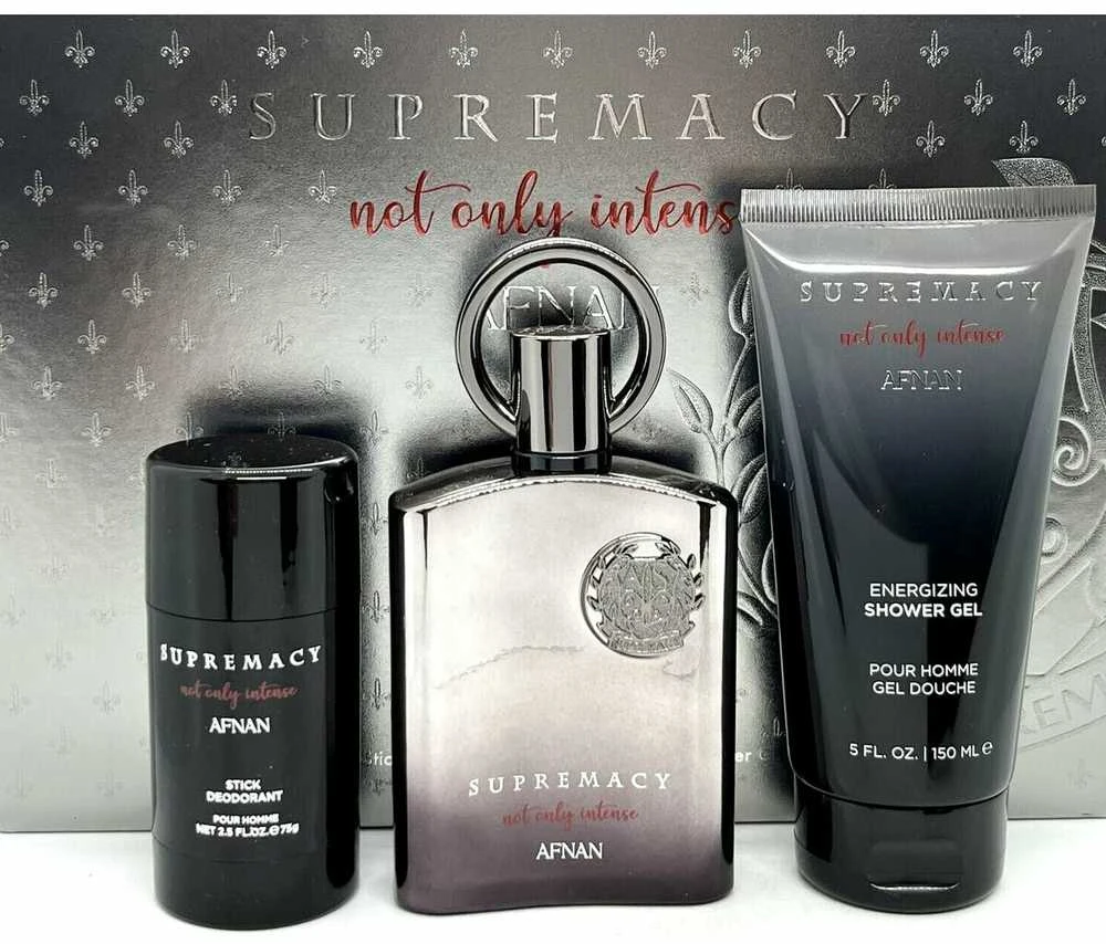 Afnan „Supremacy Not Only Intense“ kvepalai, 100 ml, kvapusis vanduo „Gel De Baño“, 100 ml, dezodorantas su pieštuku, 75 ml.