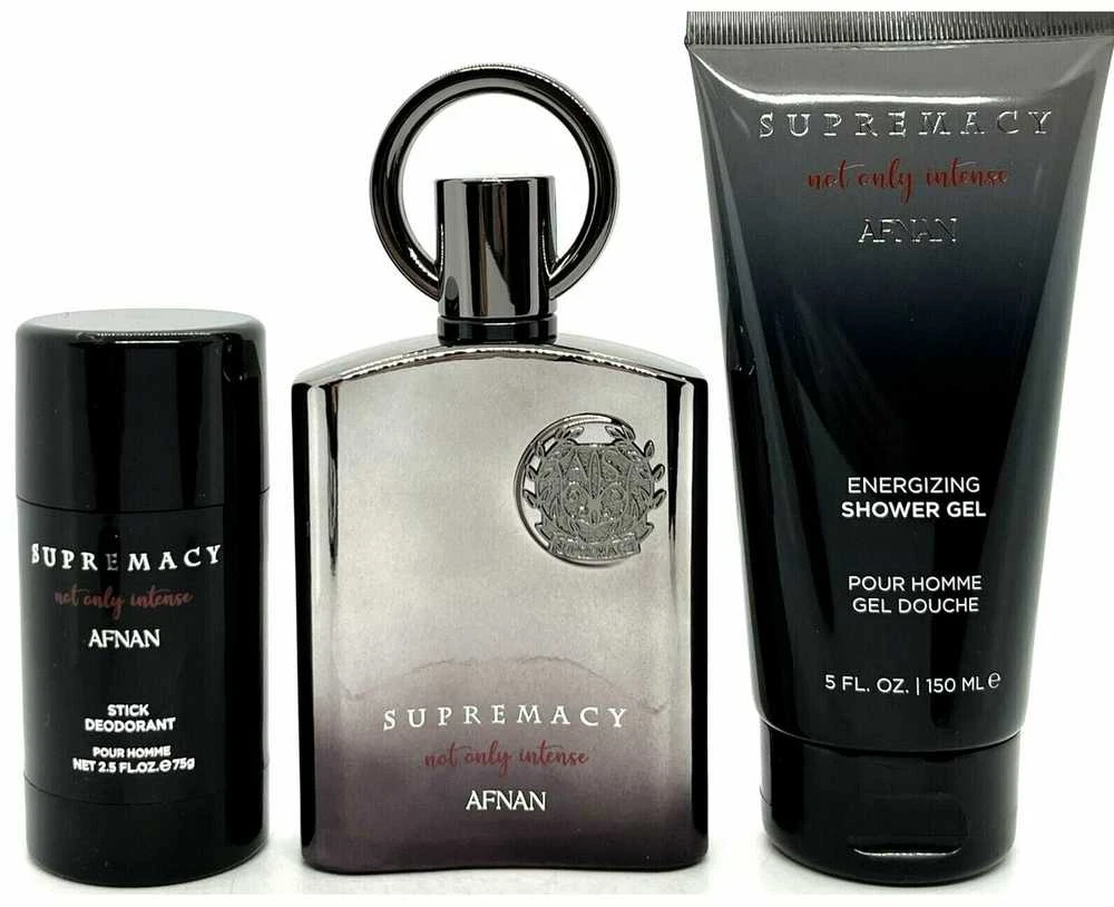 Afnan „Supremacy Not Only Intense“ kvepalai, 100 ml, kvapusis vanduo „Gel De Baño“, 100 ml, dezodorantas su pieštuku, 75 ml.