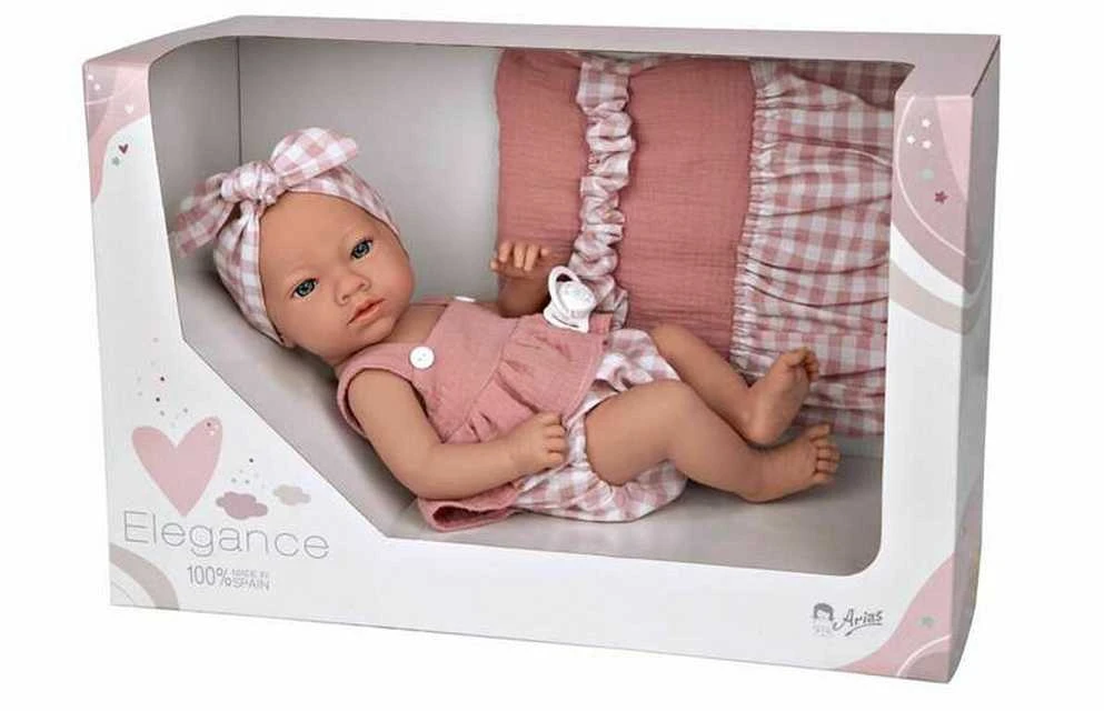 Arias lėlė su languotais, rožiniais rūbeliais, mergaitė, 38 cm