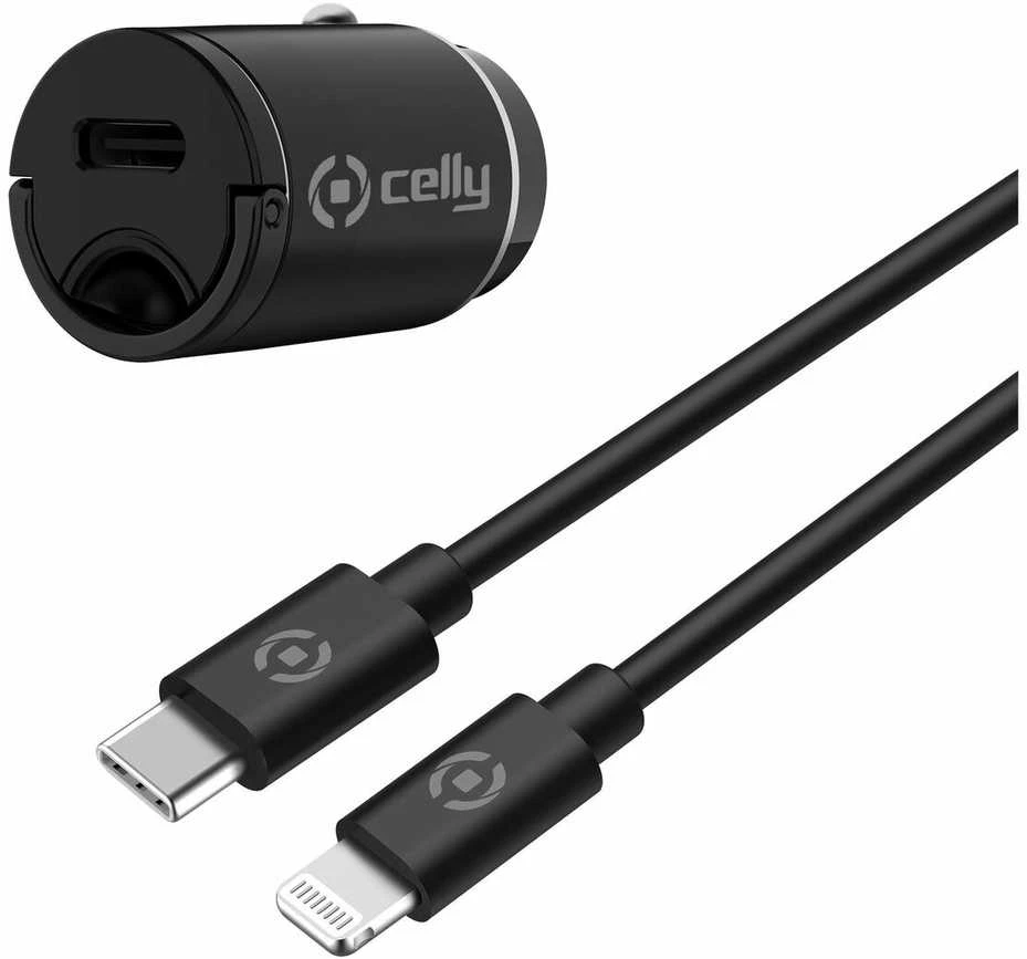 CELLY CCMINILIGHT – AUTOMOBILINIS ĮKROVIKLIS USB-C+USB-C Į „Lightning“ LAIDAS 20 W [PRO POWER]