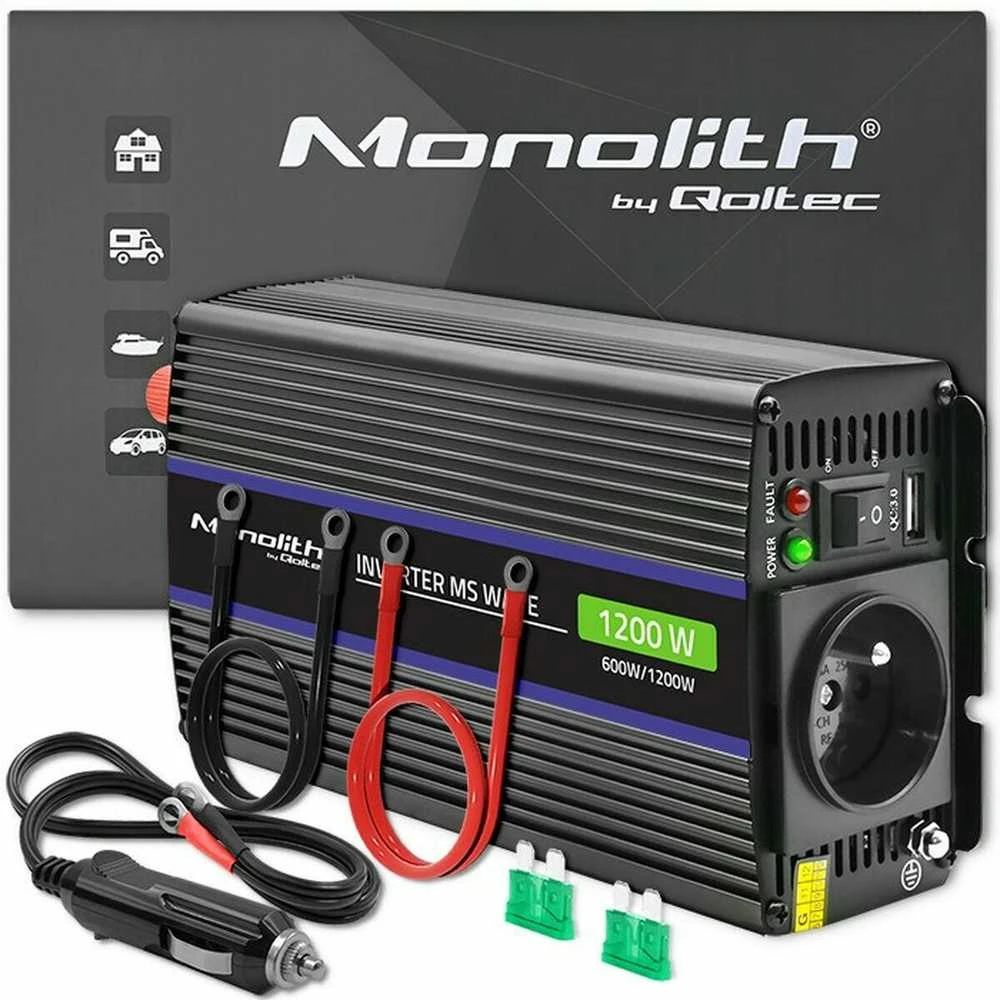 QOLTEC 51925 Monolitinis įtampos keitiklis 1200 MS Wave / 12V iki 230V / 600/1200W / USB