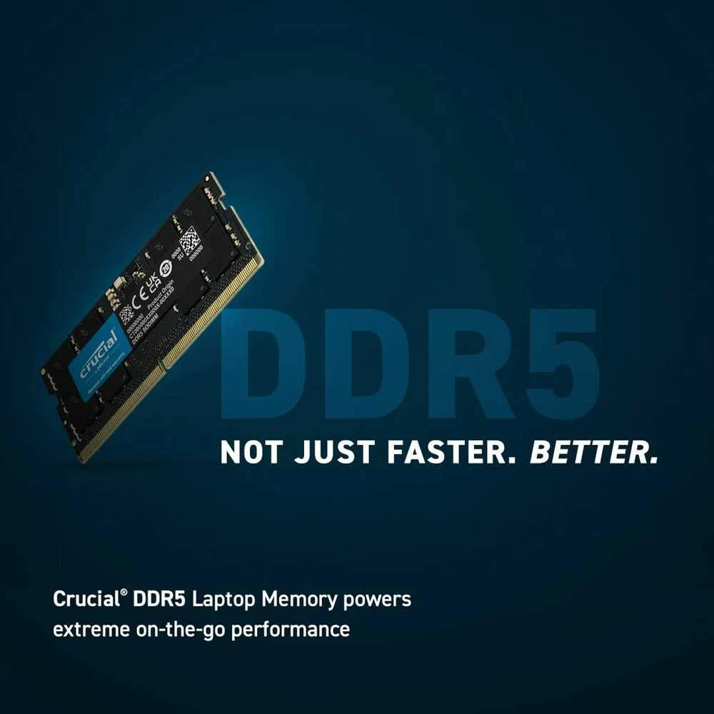 Crucial DDR5 SODIMM atminties modulis su reklaminiu užrašu
