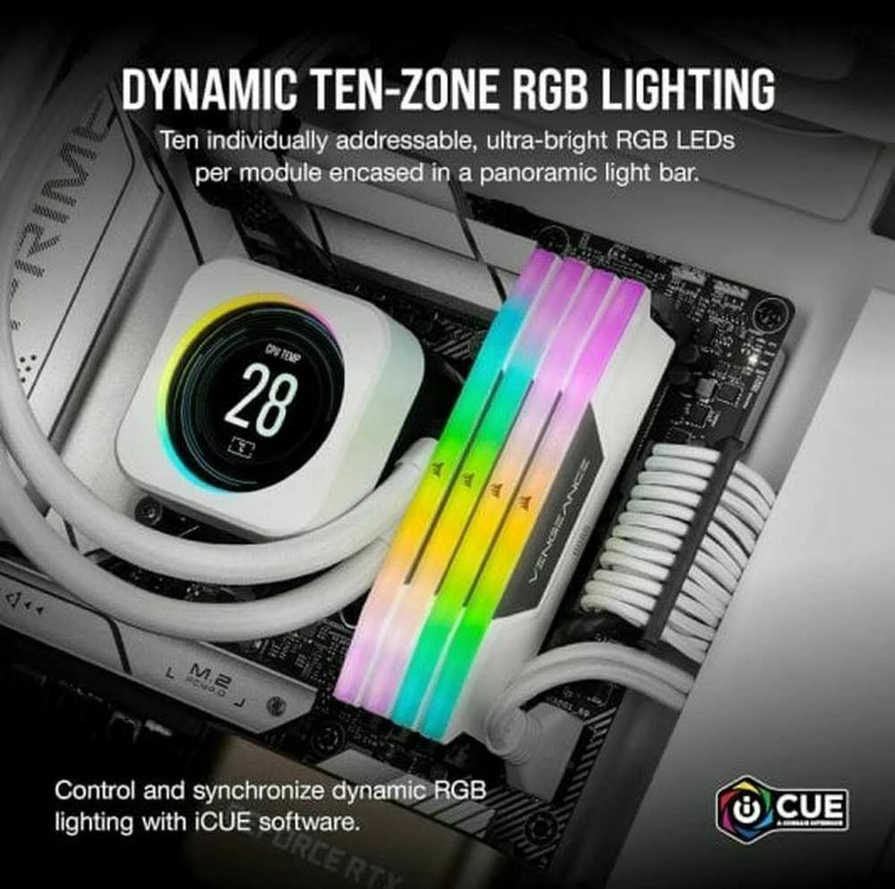 RAM CORSAIR VENGEANCE RGB 32GB 2x16GB DDR5 6000MT/s DIMM Be buferio 30-36-36-76 Std PMIC XMP 3.0 Baltas Heatspreader RGB LED 1.4V