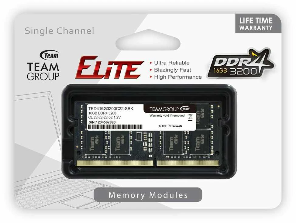 RAM Team Group ELITE TED416G3200C22-S01 atminties modulis 16 GB 1 x 16 GB DDR4 3200 MHz