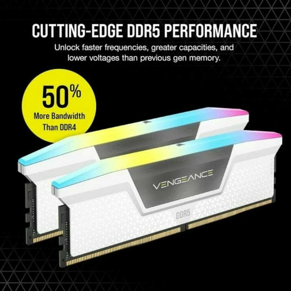 RAM CORSAIR VENGEANCE RGB 32GB 2x16GB DDR5 6000MT/s DIMM Be buferio 30-36-36-76 Std PMIC XMP 3.0 Baltas Heatspreader RGB LED 1.4V