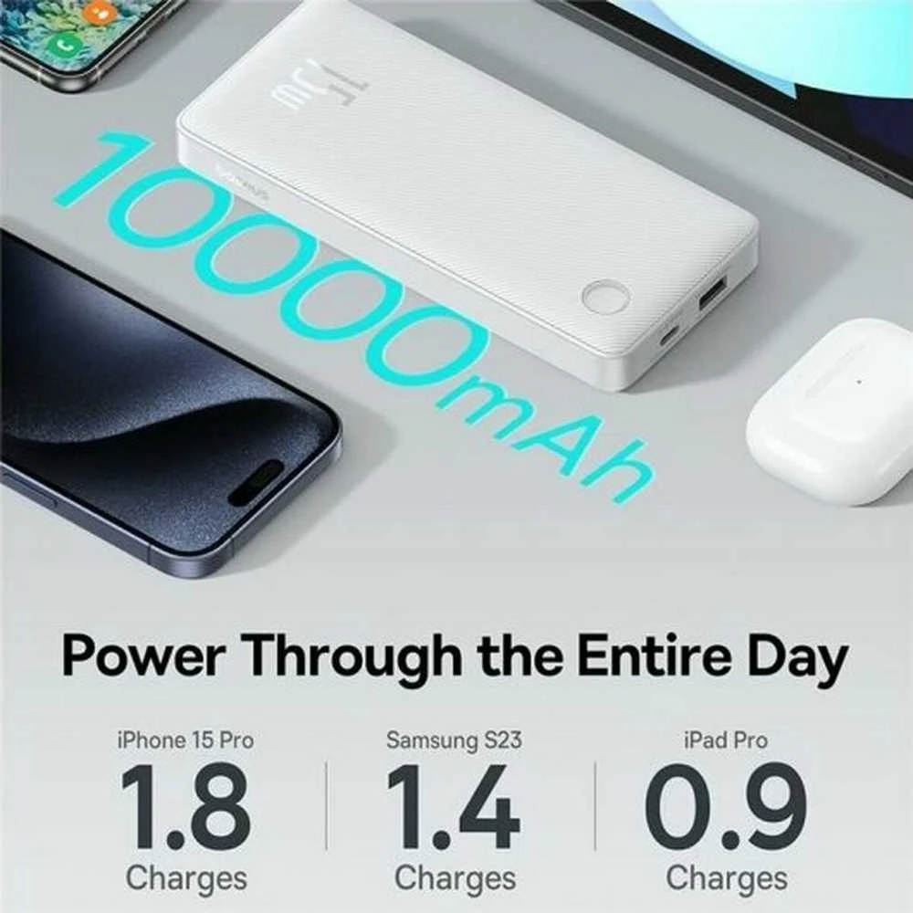 LiPo išorinis akumuliatorius (PowerBank) 10000mAh 15W USB + USB-C Airpow Lite baltas BASEUS