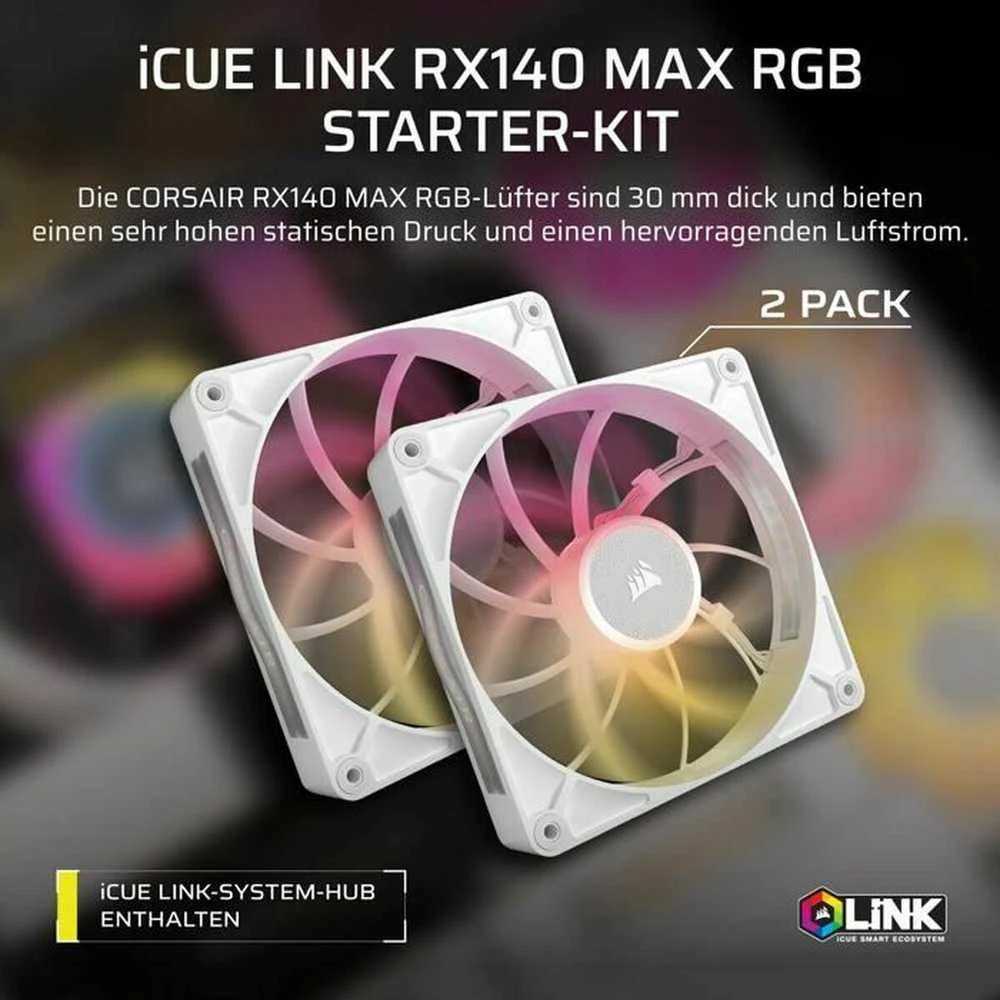 CORSAIR iCUE LINK RX140 MAX RGB PWM ventiliatorius – 2 vnt., 140 mm, Baltas