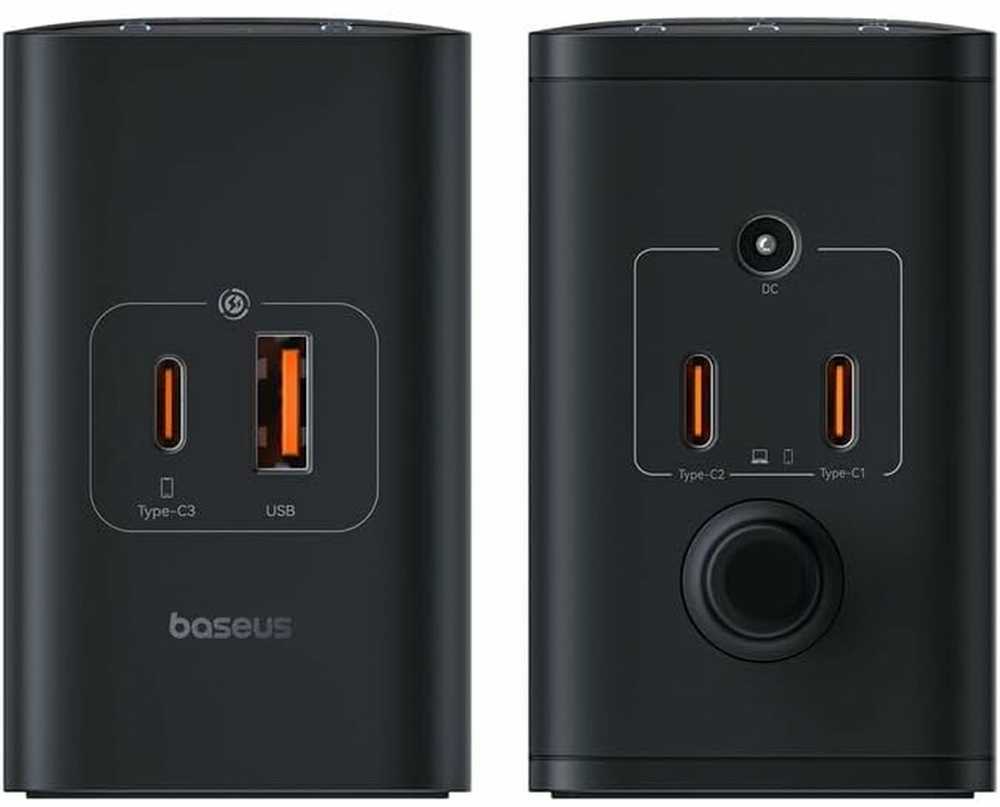 Skaitmeninis įkroviklis Baseus GaN, 3x USB-C + USB + DC, 240 W + kabelis 1 m (juodas)