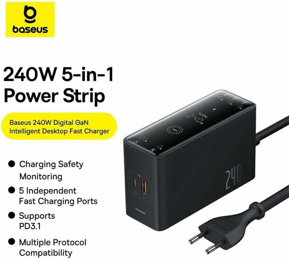 Skaitmeninis įkroviklis Baseus GaN, 3x USB-C + USB + DC, 240 W + kabelis 1 m (juodas)