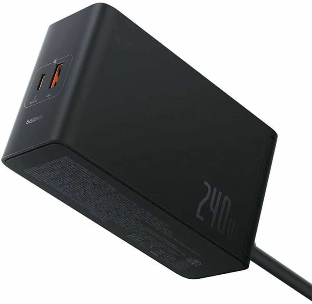 Skaitmeninis įkroviklis Baseus GaN, 3x USB-C + USB + DC, 240 W + kabelis 1 m (juodas)