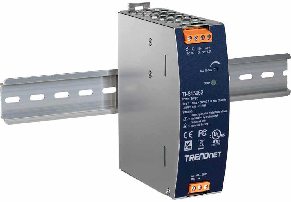 TRENDnet DIN bėgelio maitinimo šaltinis 150 W, 52 V nuolatinė srovė, 2,89 A, kintamoji į nuolatinę srovę