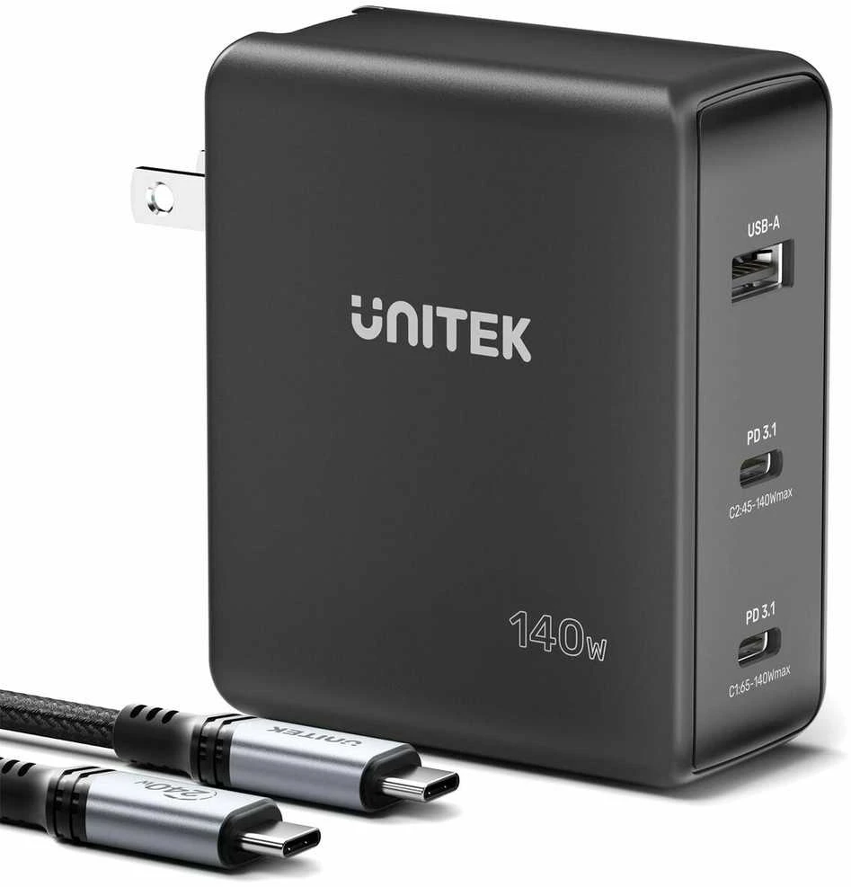 UNITEK CHARGER P1115A GaN 2x USB-C 1x USB-A PD 140W Juodas