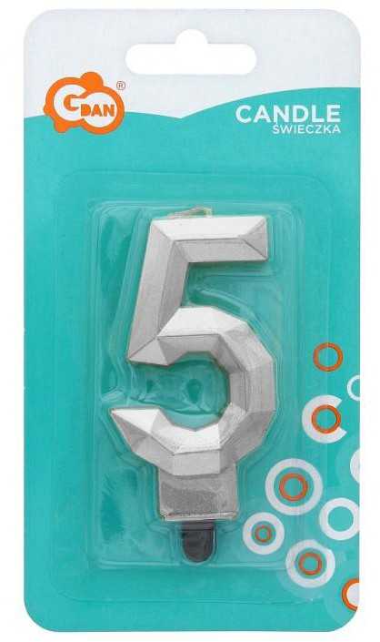 „Number Diamond Metallic Sidabrinis 5“ skaitmeninė žvakė, torto formos žvakė