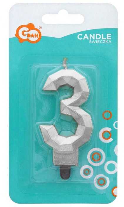 „Number Diamond Metallic Sidabrinis“ žvakė „Number 3“, torto formos žvakė