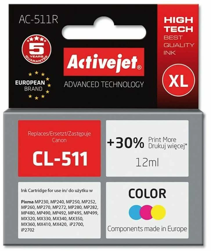 Rašalo kasetė Activejet AC-511R (Canon CL-511 pakeitimas; Premium; 12 ml; spalvotas)
