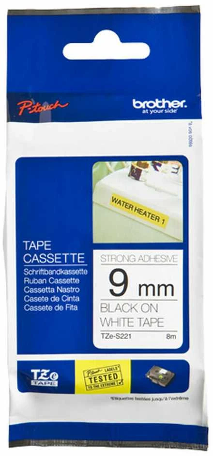 Brother | TZe-S221 Strong Adhesive Laminated Tape | Juodas on Baltas | TZe | 8 m | 9 cm