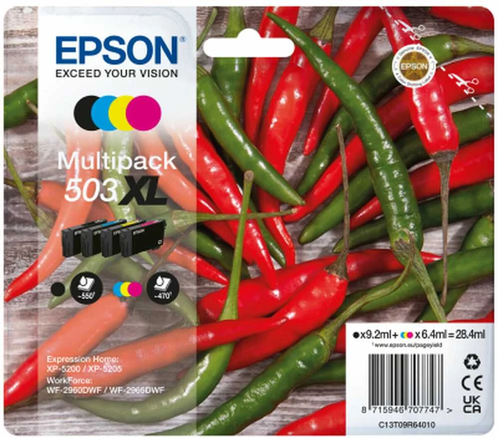 Tusz Epson Epson 503XL kelių kasečių pakuotė – 4 kasečių pakuotė – XL – juoda, geltona, žydra, rausvai raudona – originali – lizdinė pakuotė su RF / garsiniu signalu – rašalo kasetė – skirta „Expression Home XP-5200“, „XP-5205“, „WorkForce WF-2960DWF“, „WF-2965DWF“ spausdintuvams