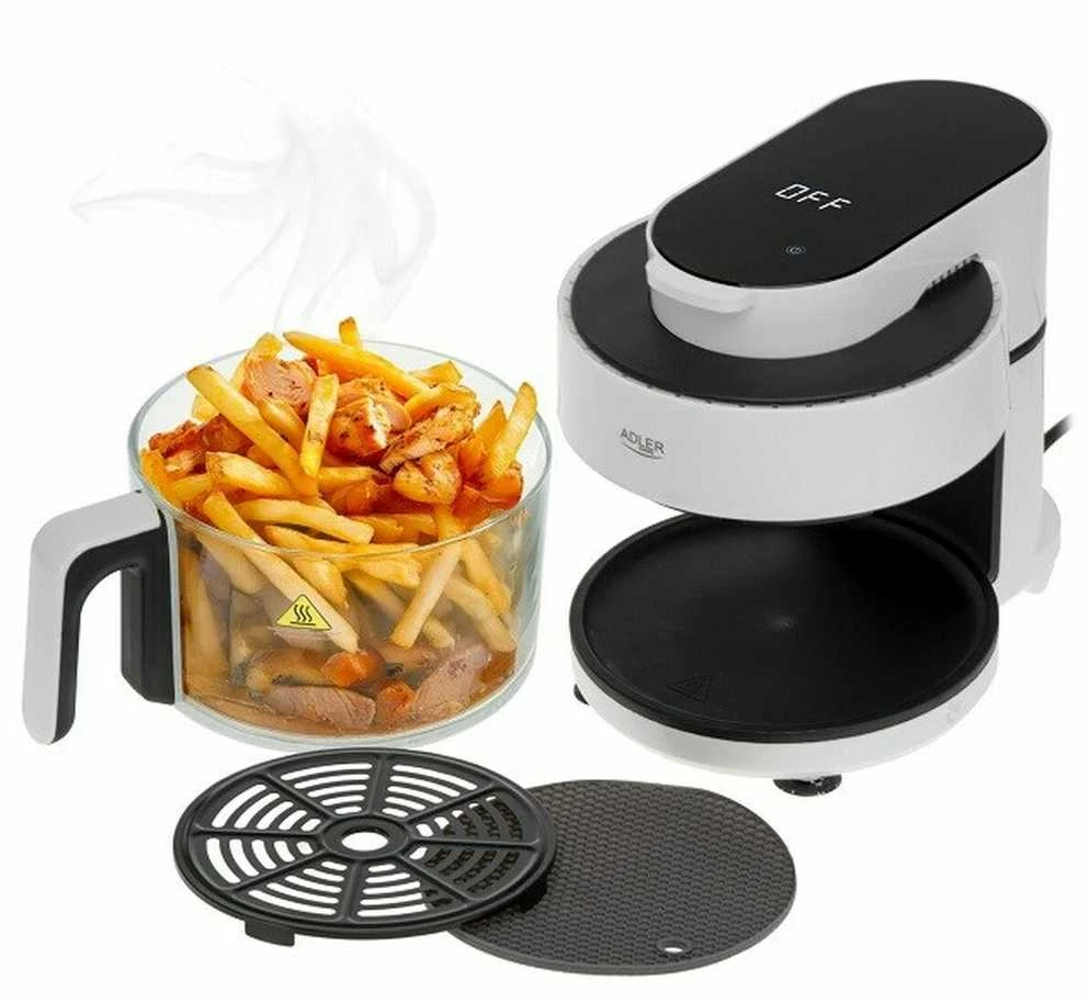 Gruzdintuvė Adler Air Fryer Orkaitė su stikliniu dubeniu | AD 6316 | Galia 1200 W | Talpa 3 L | Konvekcija | Baltas/Juodas