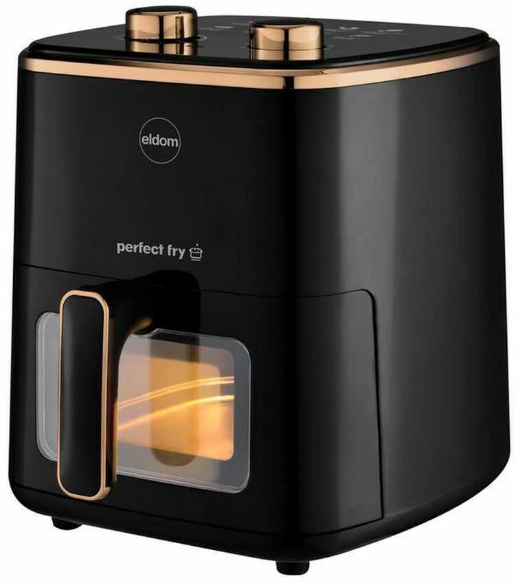 ELDOM FRITTA neriebi gruzdintuvė, talpa 5,0 l, reguliuojama temperatūra, 1500 W, viena 5 l talpos, atskira karšto oro gruzdintuvė, Juodas