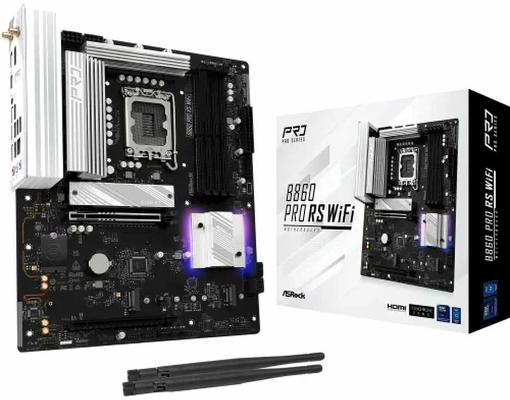 ASRock B860 PRO RS WIFI | Procesorių šeima Intel | Procesoriaus lizdas LGA1851 | DDR5 | Palaikomos kietojo disko sąsajos SATA, M.2 | SATA jungčių skaičius 4
