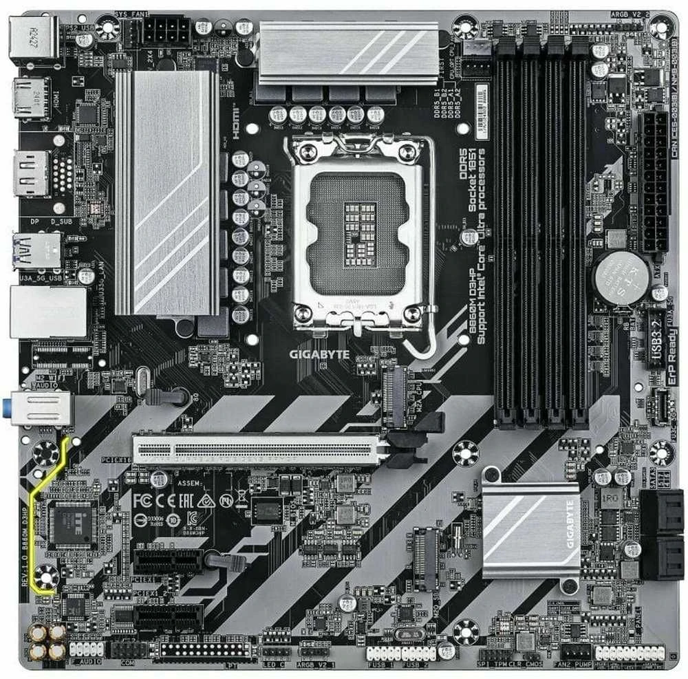 GIGABYTE B860M DS3H pagrindinė plokštė – Intel Core Ultra serijos procesoriai, 5+1+2+1 fazių VRM, iki 9066MHz DDR5, 1xPCIe 5.0 + 1xPCIe 4.0 M.2, 2.5GbE LAN, USB 3.2 Gen2