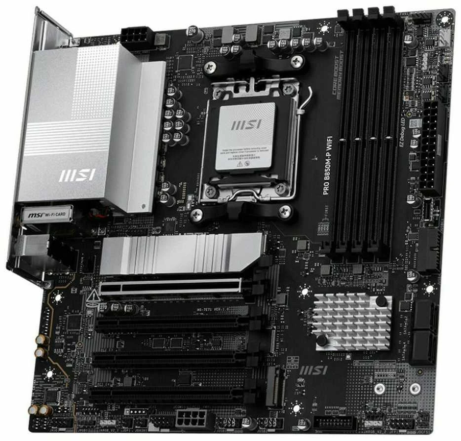 Pagrindinė plokštė MSI PRO B850M-P WIFI | Procesorių šeima AMD B850 | Procesoriaus lizdas AM5 | DDR5 | Palaikomos standžiojo disko sąsajos SATA, M.2 | SATA jungčių skaičius 4