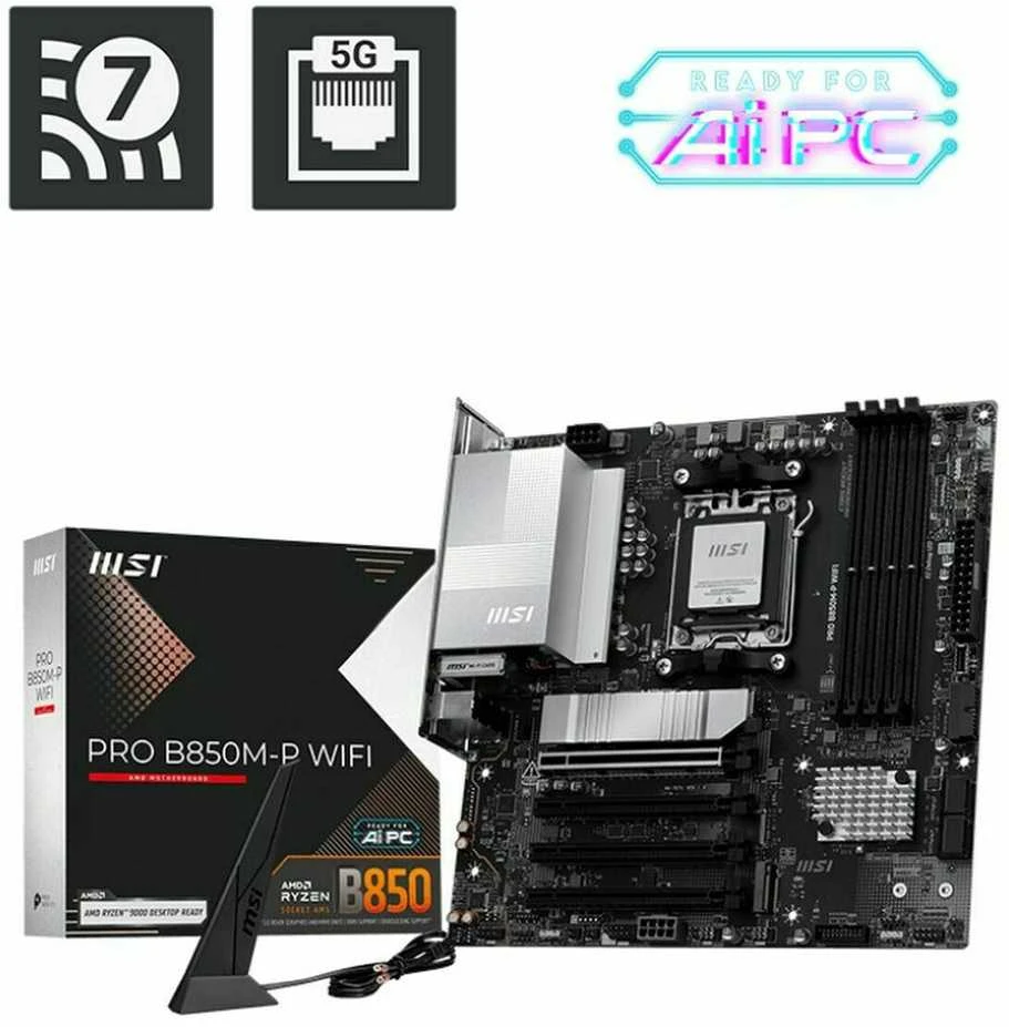 Pagrindinė plokštė MSI PRO B850M-P WIFI | Procesorių šeima AMD B850 | Procesoriaus lizdas AM5 | DDR5 | Palaikomos standžiojo disko sąsajos SATA, M.2 | SATA jungčių skaičius 4