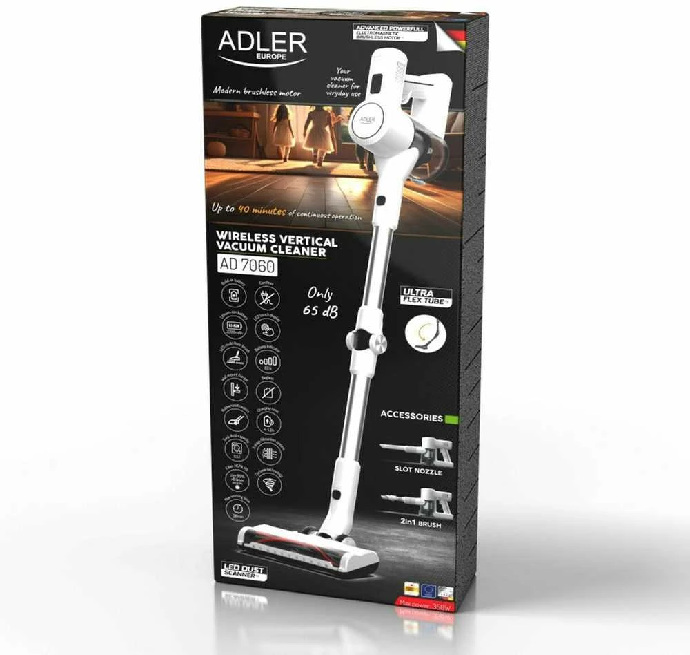Adler Dulkių siurblys | AD 7060 | Belaidis veikimas | 350 W | 22 V | Veikimo laikas (maks.) 35 min. | Balta | Garantija 24 mėn.