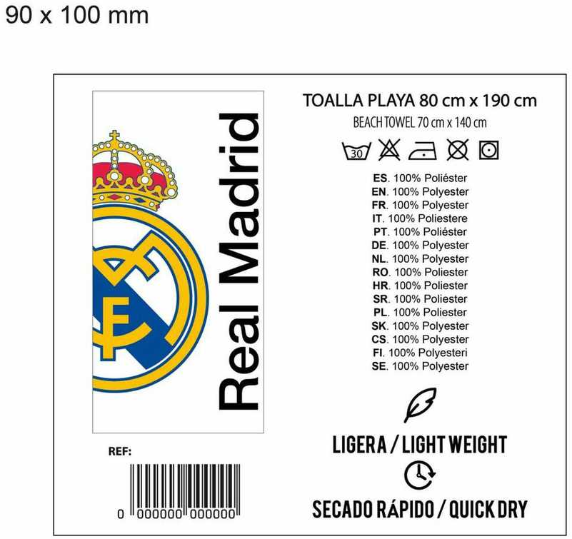 Real Madrid Cf Real Madrid rankšluostis 90x180 cm paplūdimio rankšluostis 2200010607