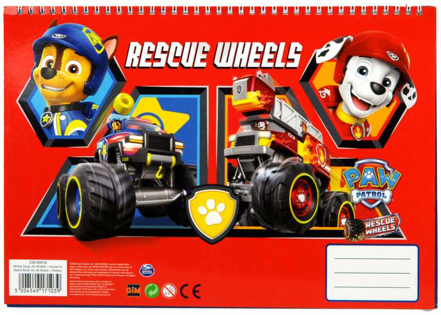 „Paw Patrol“ gelbėjimo ratukai, A/4 spiralinė eskizų knygelė, 40 lapų, su lipduku