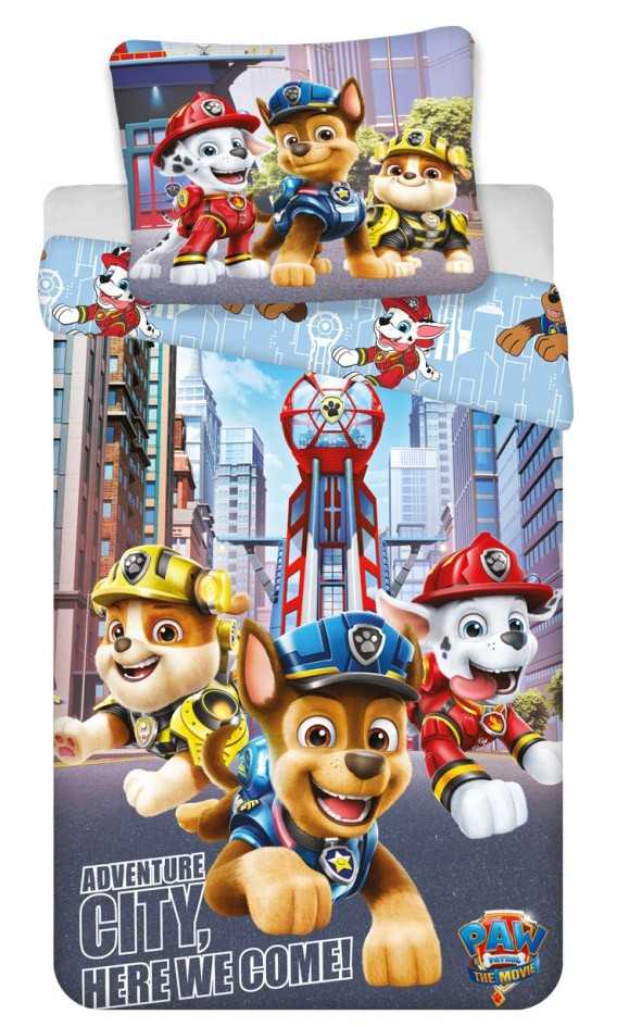 Patalynė dziecięca 140x200 Psi Patrol Paw Rocky Rubble Marshall mėlyna miasto 4756 poszewka 70x90 psy