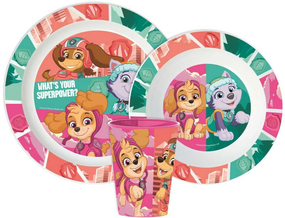 „Paw Patrol“ supergalių vakarienės rinkinys, mikroplastiko rinkinys su puodeliu 390 ml