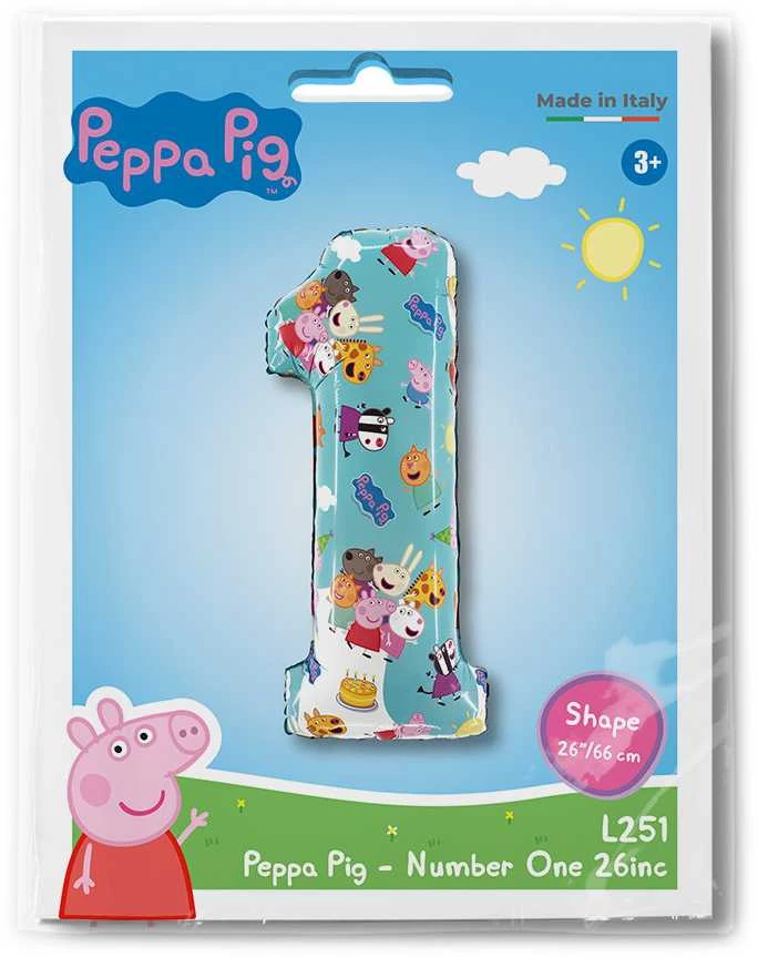 Peppa Pig mėlynas numeris 1 folijos balionas 66 cm