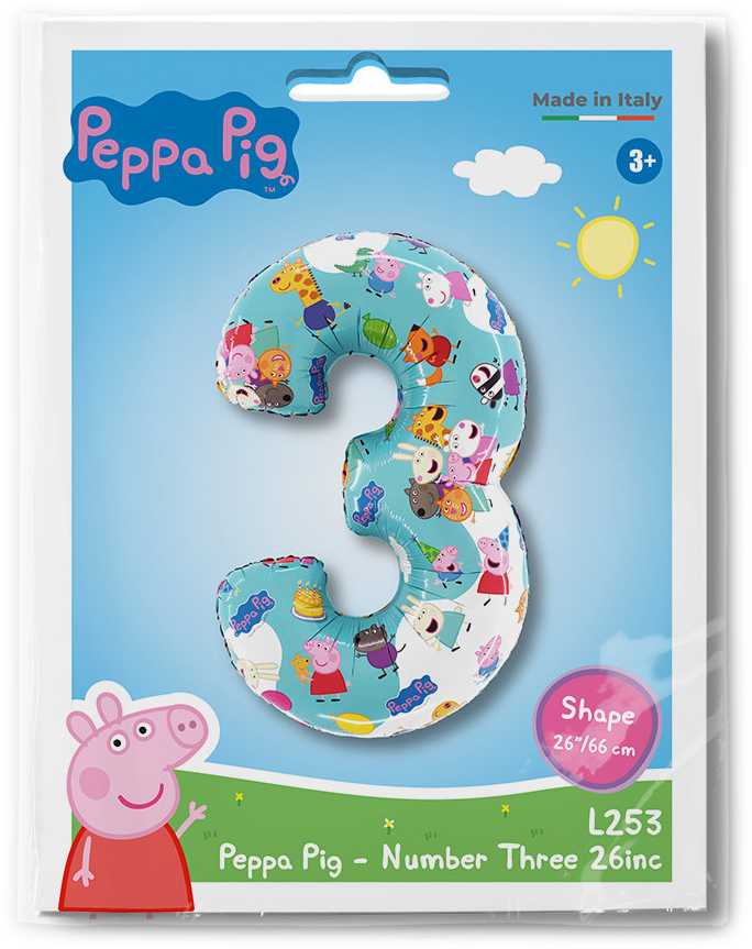 Peppa Pig mėlynas skaičius 3 folijos balionas 66 cm
