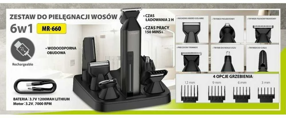 MAESTRO MR-660 6 viename plaukų kirpimo mašinėlė su USB