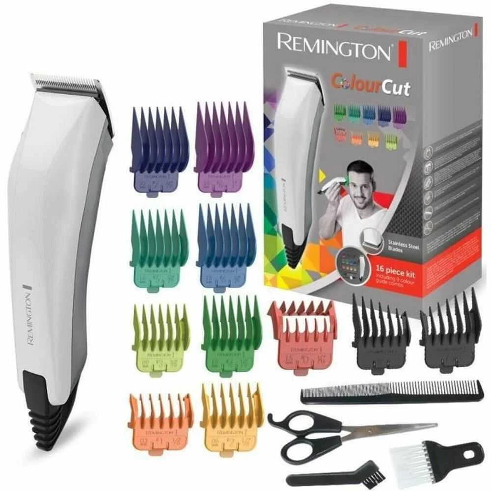 Remington Colourcut plaukų kirpimo mašinėlė HC5035 laidinė, įkraunama, Šiame 16 dalių rinkinyje yra 8 spalvų kreipiančiosios šukos, Baltas