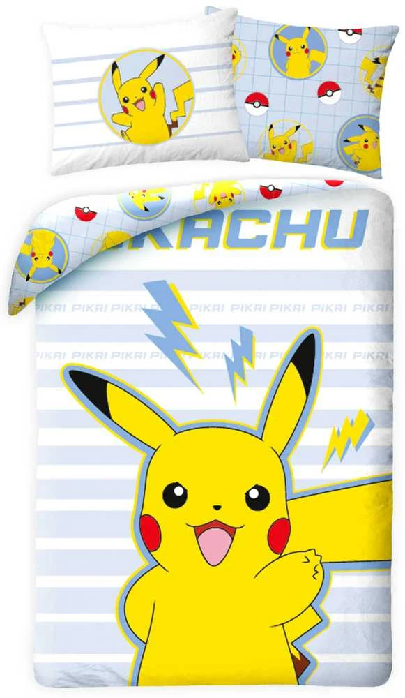 Patalynė bawełniana 140x200 Pokemon mėlyna geltona pasy poszewka 65x65 H2