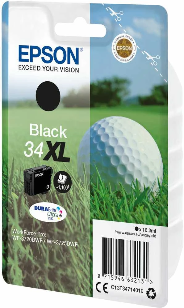 „Epson Golf ball 34XL DURABrite Ultra Single Juodas rašalas, Didelės (L) talpos, Juodas, Pigmentinis rašalas, 16,3 ml, 1 vnt., 1100 puslapių
