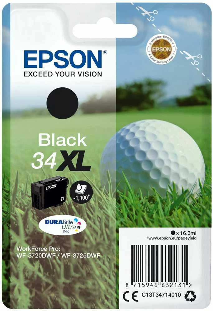 „Epson Golf ball 34XL DURABrite Ultra Single Juodas rašalas, Didelės (L) talpos, Juodas, Pigmentinis rašalas, 16,3 ml, 1 vnt., 1100 puslapių