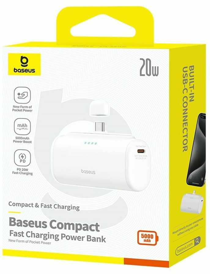 Powerbank Baseus Compact 5000 mAh, 20 W, USB-C (balta)