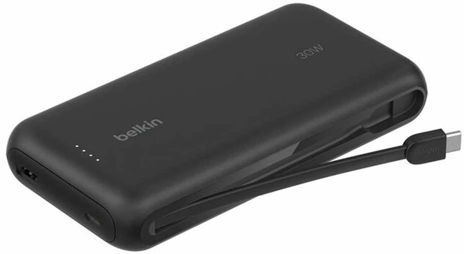 Powerbank Belkin Powerbank 20 000 mAh, 30W, įmontuotas kabelis USB-C, USB-C, USB-A, juoda
