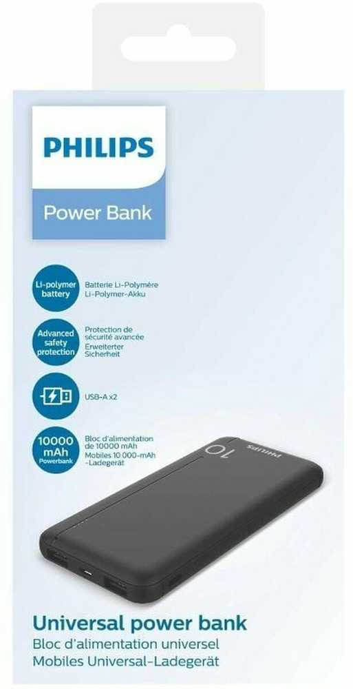 „Philips“ nešiojamoji baterija 10.000 mAh, 2xUSB, 5V, 2.1A, juoda