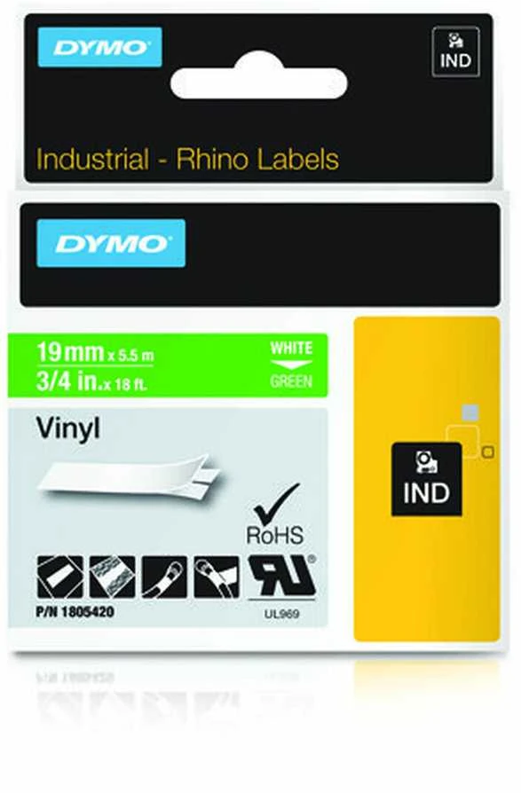 DYMO Rhino Vinilinė Juostelė 19mm x 5.5m / baltas ant žalios (1805420)