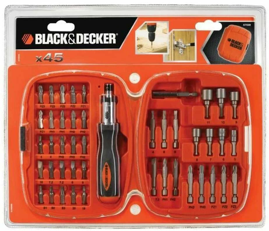 Black & Decker „Juodas & Decker“ 45 antgalių ir galvučių rinkinys 1/4' terkšlei Juodas+DECKER [A7039-XJ]
