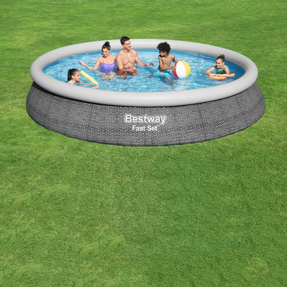 Bestway® Fast Set™ antžeminio baseino komplektas su filtravimo siurbliu Ø 457 x 84 cm, rotango išvaizdos (skalūno pilka), apvalus