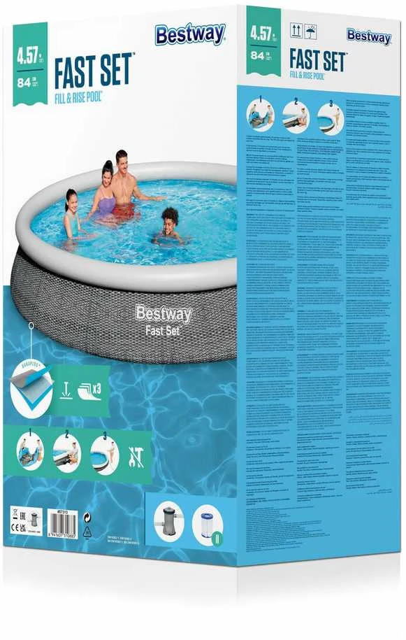 Bestway® Fast Set™ antžeminio baseino komplektas su filtravimo siurbliu Ø 457 x 84 cm, rotango išvaizdos (skalūno pilka), apvalus