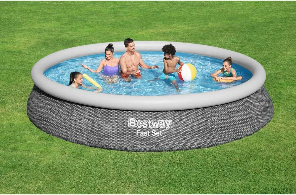 Bestway® Fast Set™ antžeminio baseino komplektas su filtravimo siurbliu Ø 457 x 84 cm, rotango išvaizdos (skalūno pilka), apvalus