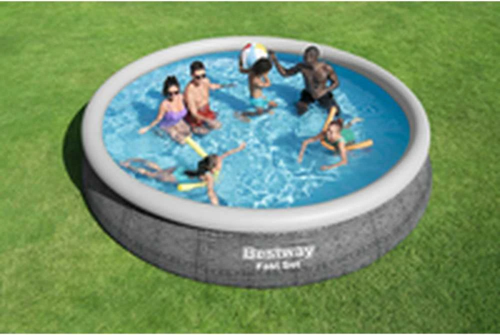 Bestway® Fast Set™ antžeminio baseino komplektas su filtravimo siurbliu Ø 457 x 84 cm, rotango išvaizdos (skalūno pilka), apvalus